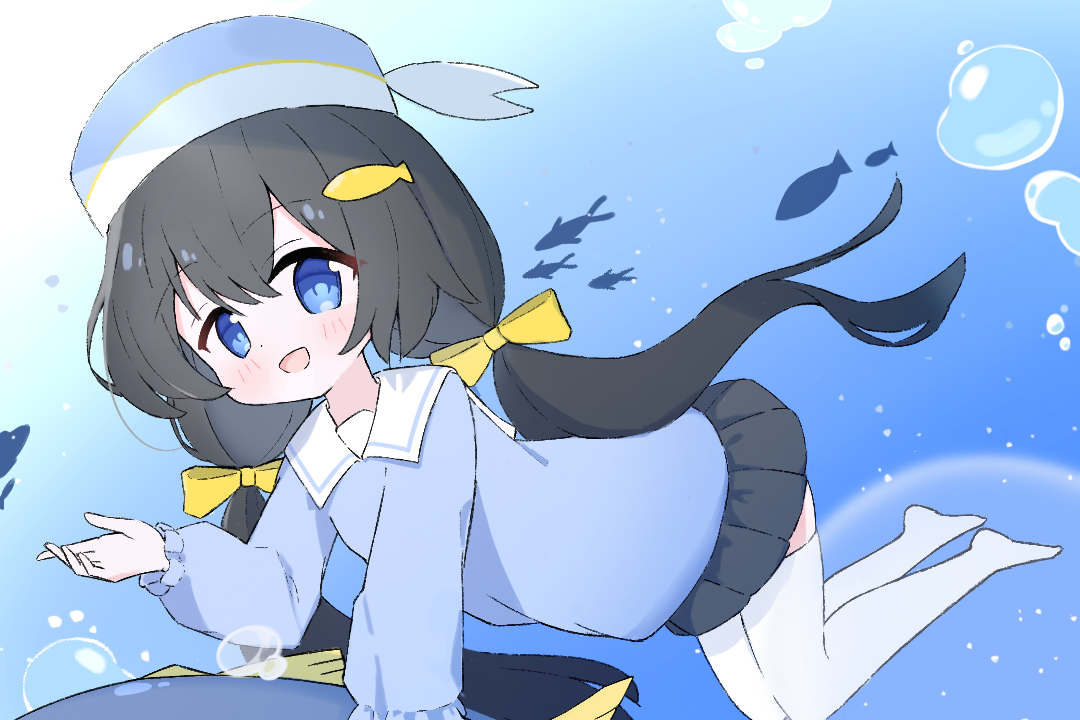 海の中を泳ぐ、青い服に黄色いリボンの特売はまち